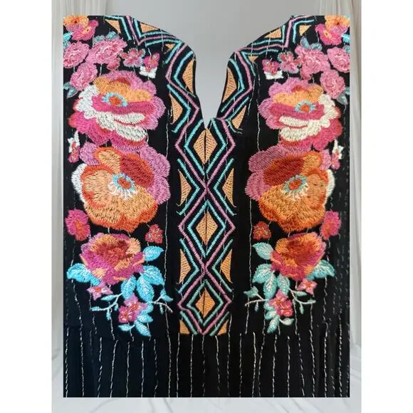 Savanna Jane Boho Embroidered Floral Blouse Black Metallic Stripe Peasant Top L - Picture 3 of 9